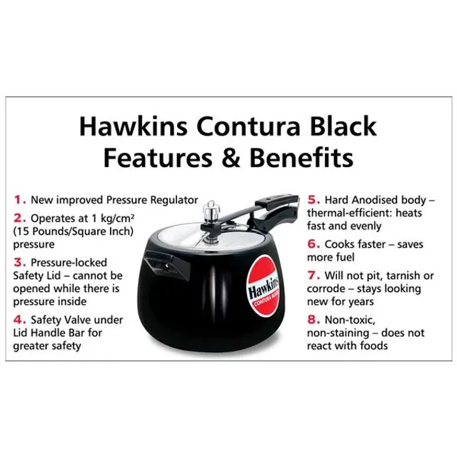 Hawkins Contura Hard Anodised Black Inner Lid Pressure Cooker - With Handle, CB65, 6.5 l-4.webp